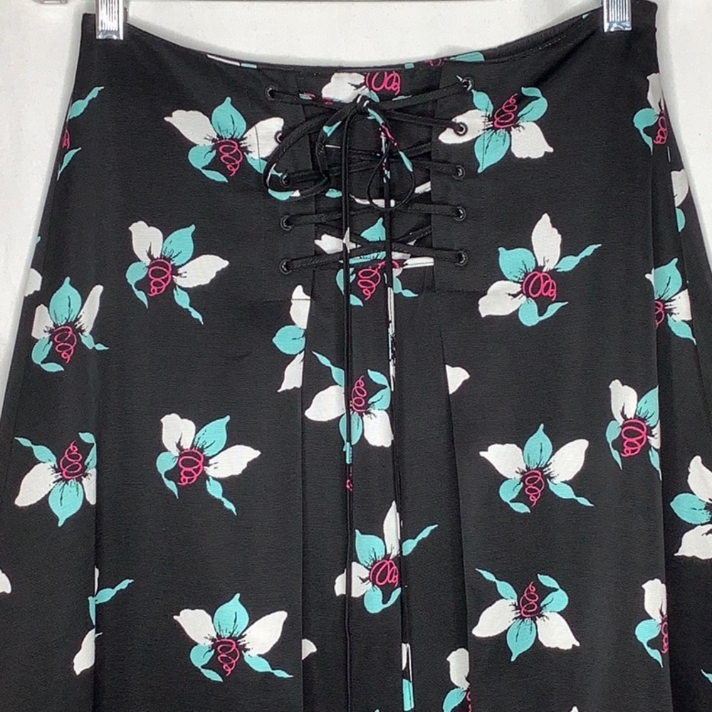 Anthropologie Black Floral Midi Skirt with Lace-Up Front